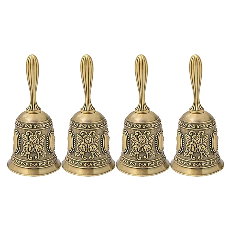 

4X Hand Bell, Metal Tone Hand Hold Service Call Bell Desktop Bell Tea Dinner Bell Game Bell, Gold