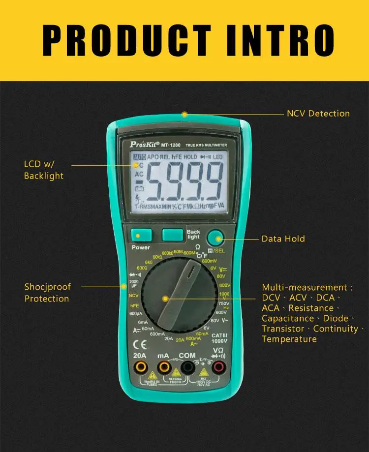 Pro'sKit MT-1280 트루 RMS 디지털 계량기, 캐패시터 포함 온도 테스트 DC AC 전압 전류 용량 저항 테스터