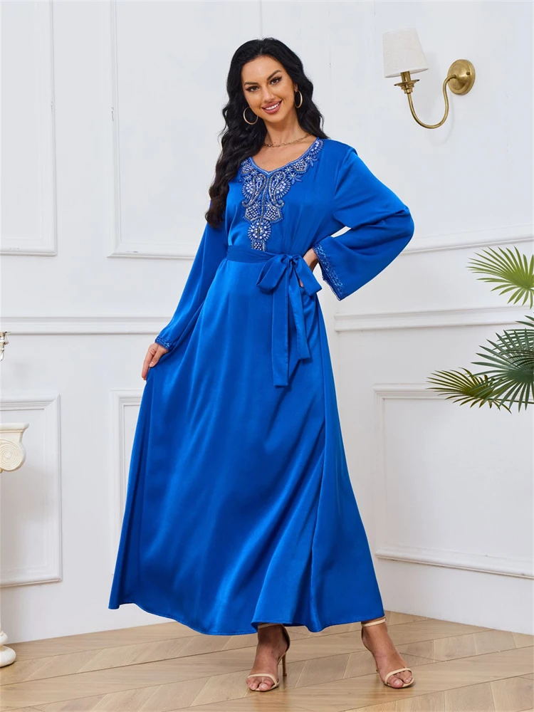 

Womens Dresses Summer Casual Women'S Round Neck Fashionable Beaded Long Sleeve Muslim High End Dress