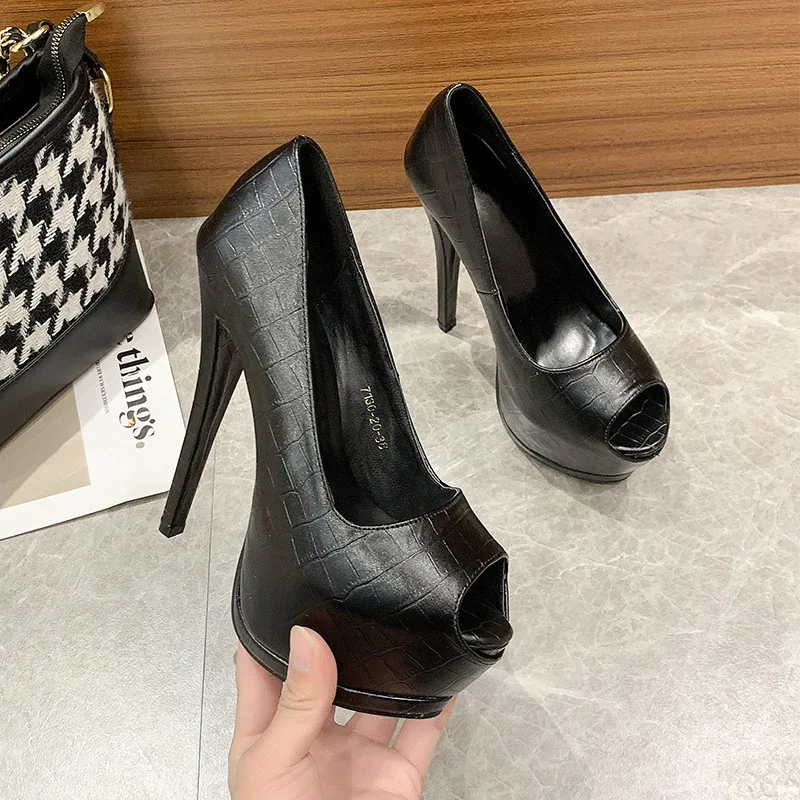 Peep Toe Fashion Platform Women Pumps 2024 Spring Sexy Crocodile Pattern Leather Super High Heels 14cm Party Shoes Ladies Office