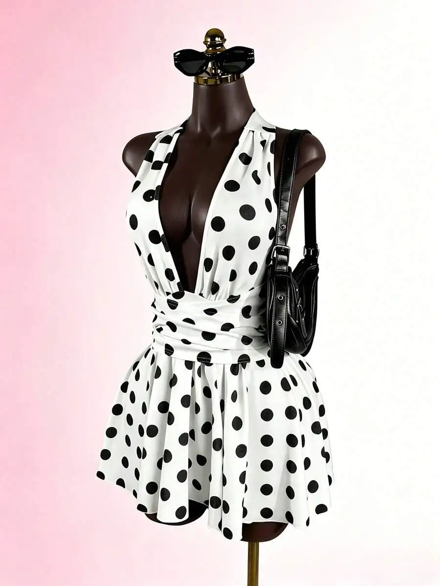 

Womens Sleeveless Polka Dot Tie-Up Backless Camisole Mini Dress