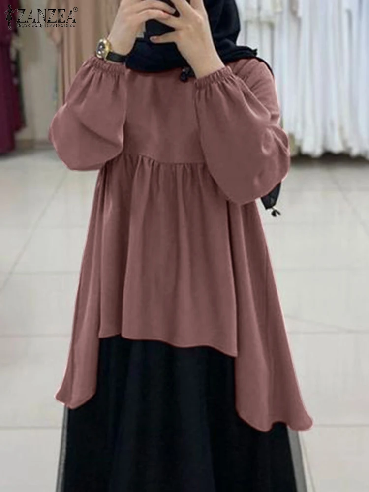 

ZANZEA Spring Muslim Tops Vintage Women Long Sleeve Asymmetrical Hem Blouse Casual Loose Work Shirt Ramadan Islamic Clothing