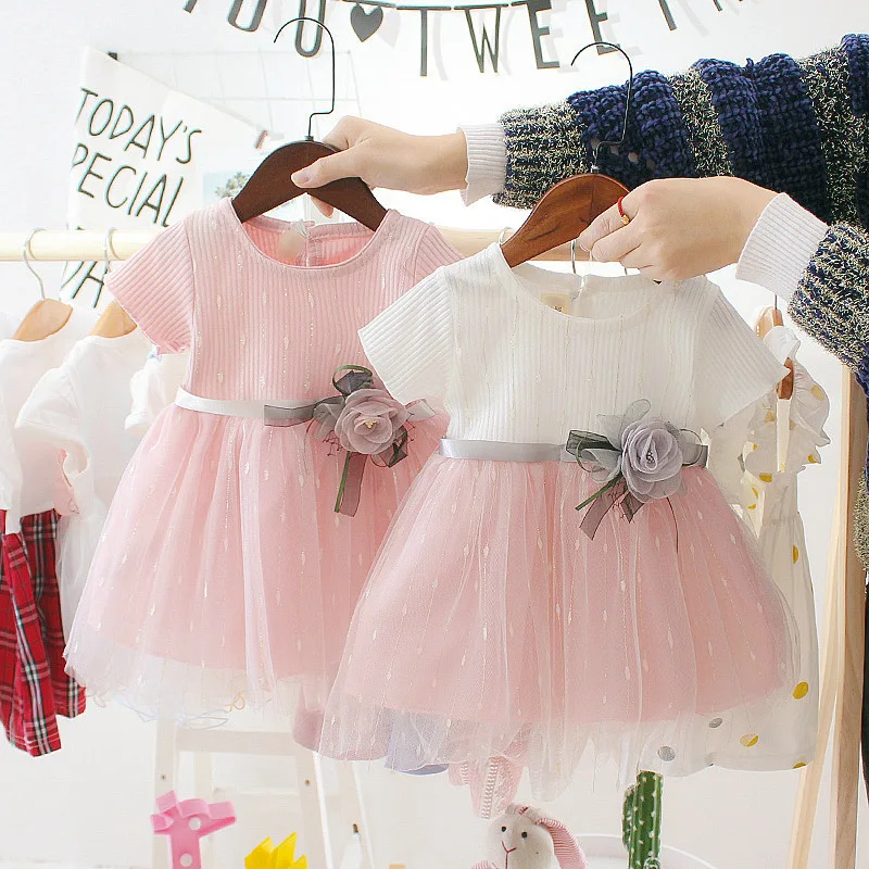 Summer New Baby Girls Dress Sweet Princess Flower Ribbon Mesh Shaggy Gauze Birthday Party