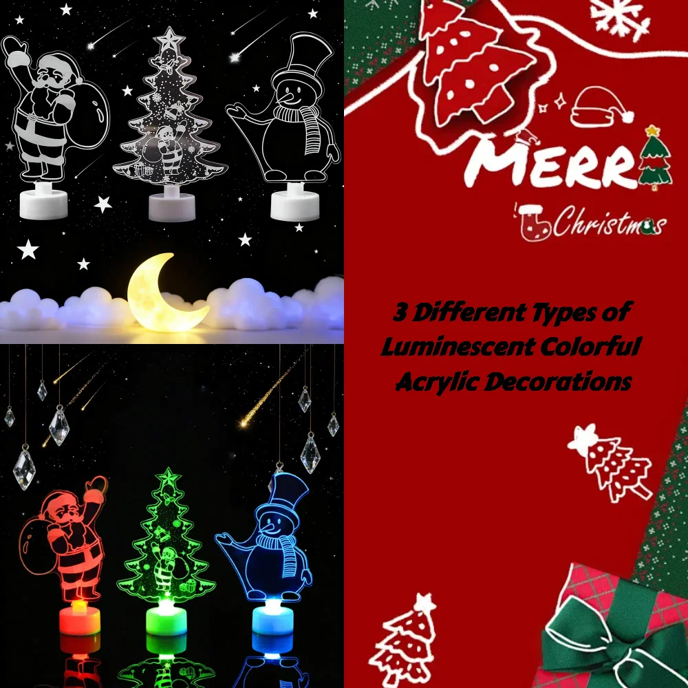 مجموعة زينة شجرة عيد الميلاد المضاءة من الأكريليك مكونة من 3 قطع، ضوء ليلي LED ملون لتزيين حفلات عيد الميلاد المنزلية