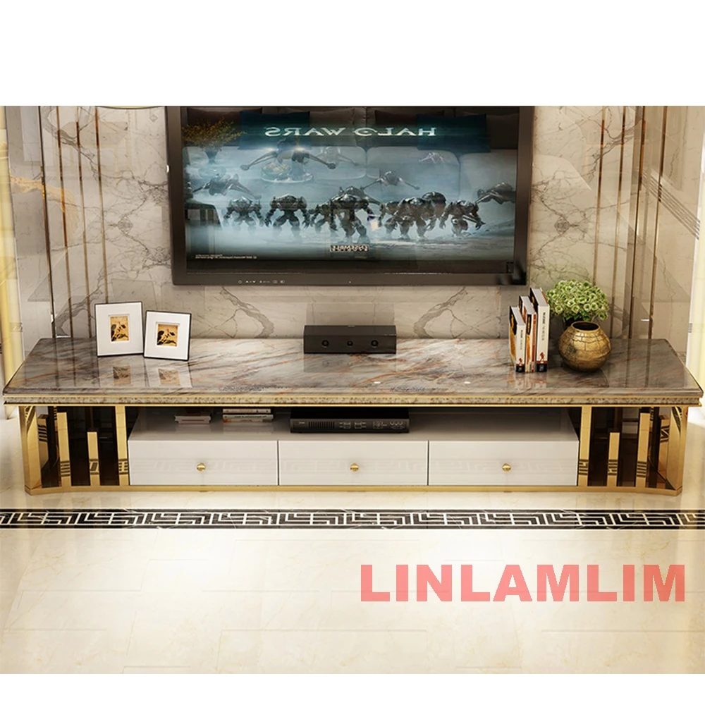 MINGDIBAO Living Room Furniture: Natural Marble Stainless Steel TV Stand Gold  TV Table Sticking Seashell Modern Home TV Cabinet