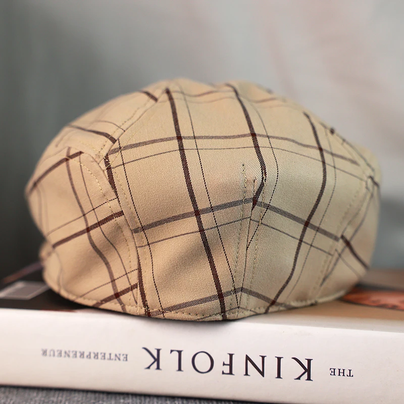 Newsboy Hat Men Beige Plaid Cotton Flat Caps Women Men British Painters Hat Soft Spring Summer Autumn Berets Octagonal Cap A-39