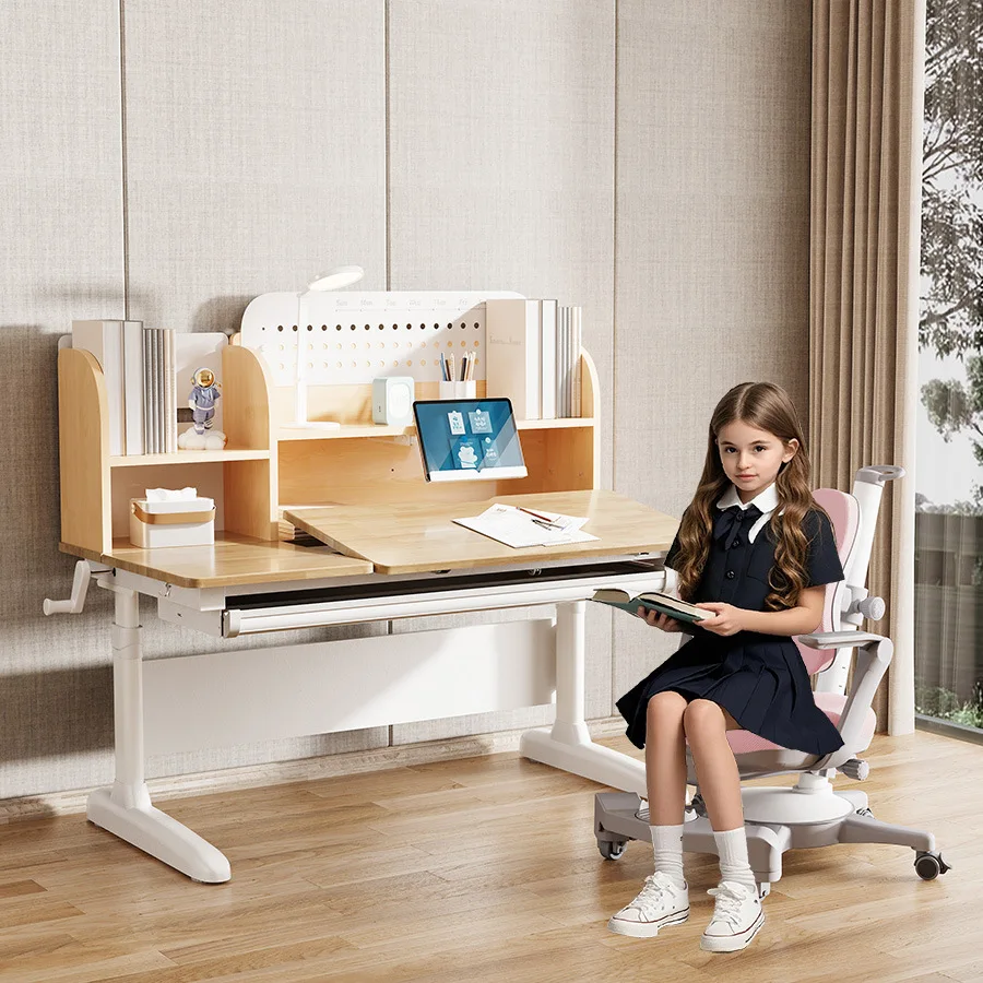 Study table and chair set Household liftable solid wood writing table