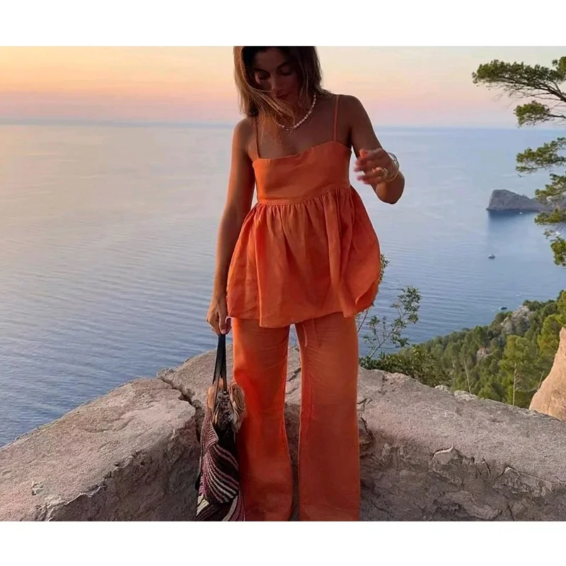 

Spring New Arrival Women's Casual Color ort Strap Vest Top plus Loose mid Waist Long Pants Two Piece Set