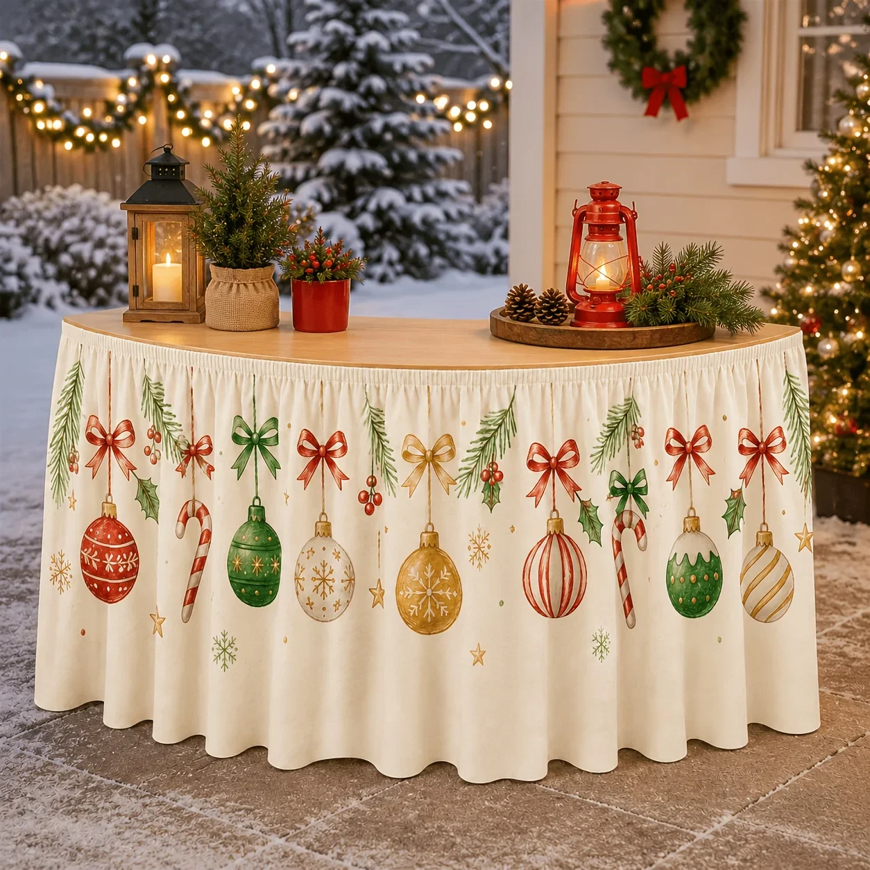Retro sketch-style Christmas table skirt with suspended star cartoon print. Decor for winter Christmas holiday party.xzj