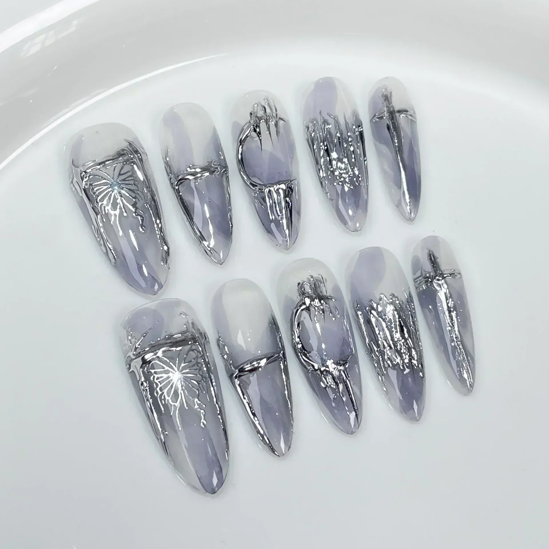 10Pcs Długie migdałowe ręcznie robione naciśnij na paznokcie Motyl Sztuczne paznokcie do noszenia Sztuczne paznokcie Накладные ногти Uñas Postizas