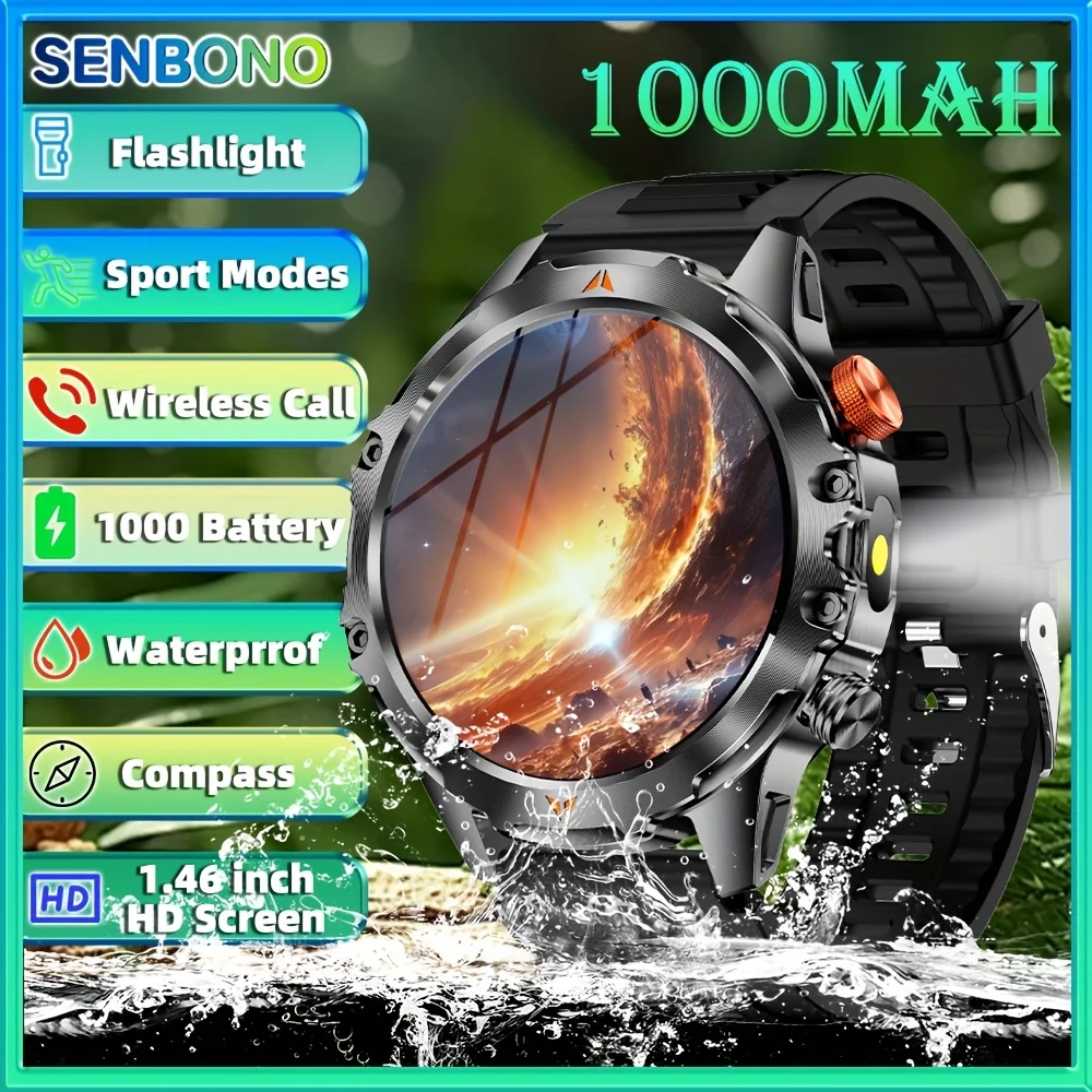

SENBONO AMOLED Smart Watch for Men 1100mAh Battery 25+Day Use Time Compass IP68 Waterproof Sport Men‘s Smartwatch for Men Women