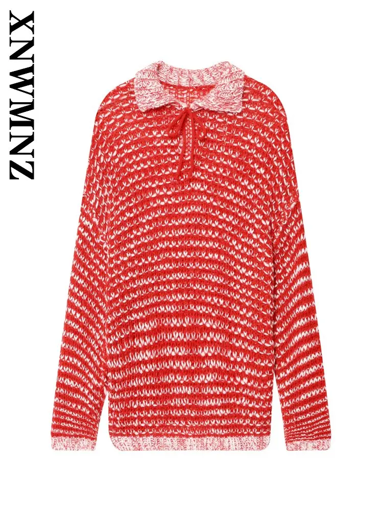 

XNWMNZ 2025 Autumn New Woman's Fashion Vintage Long Sleeve Turn-down Collar Knit Sweater Casual Commuting Winter Woman Red Thick