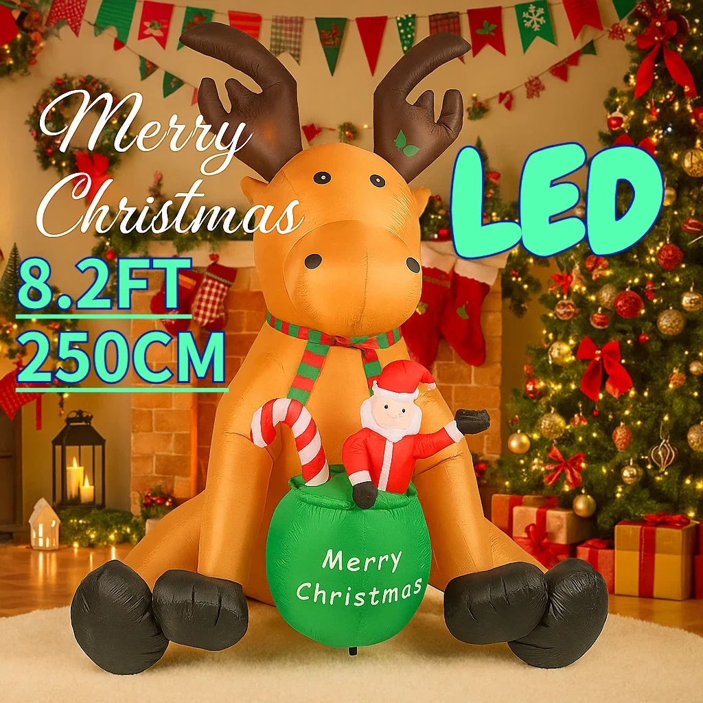 8.2FT Inflatable Toys Reindeer Candy Santa Claus Gift Bag Xmas Yard Lawn Party Decoration LED Christmas  Outdoor Holiday Gift