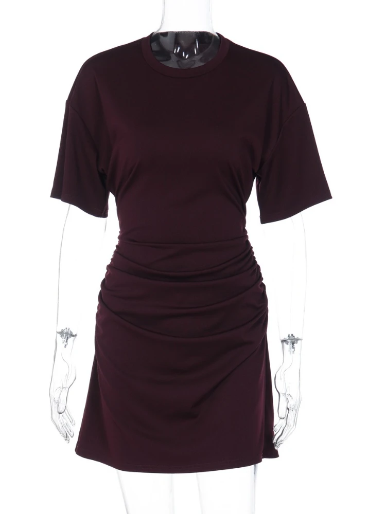 FDYOUI Fashion Casual O-neck Short Sleeve T-shirt Dress Streetwear Y2K 2026 High Waist Tunics Ruched Slim Short Party Dresses