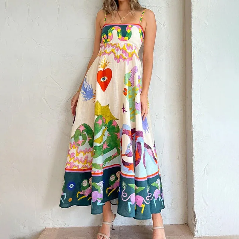 2025 New Elegant Elegant Printed Fashionable Suspender Skirt Large Swing Women Dress N001