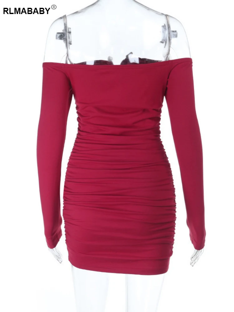 RLMABABY セクシーな背中の開いた長袖女性ボディコンミニドレスオフショルダーシャーリングひだ湯たんぽガールクラブパーティーショートスキニードレス