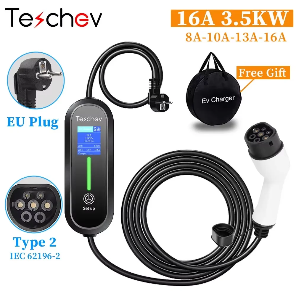 Teschev draagbare EV-oplader Type2 IEC 62196 elektrische autolader 3,5 kW 16A 1 fase EVSE snel opladen Wallbox EV-laadstation