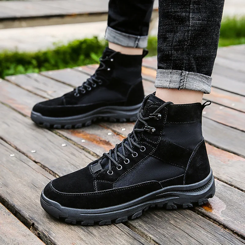 Outdoor Men\'s Ankle Boots New Canvas Boots Lace-up Fashion Casual Boots Men Cow Suede High-top Tooling Winter Hiking Shoes 2024