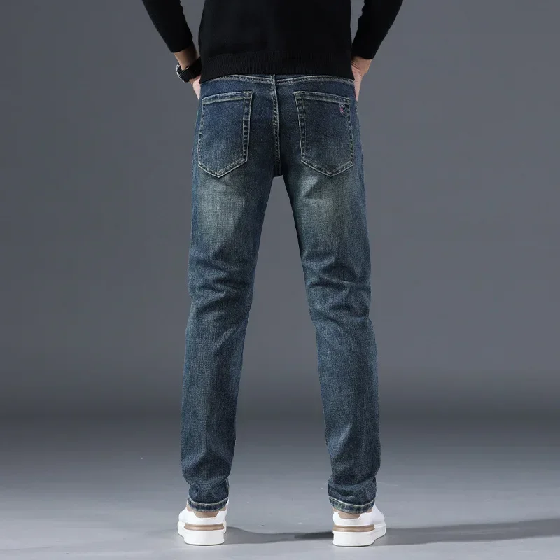 Winter Men's Fleece Slim Straight Jeans Retro Washed Elastic Cotton Black Blue Denim Pants Fashion Korean Brand Clothing