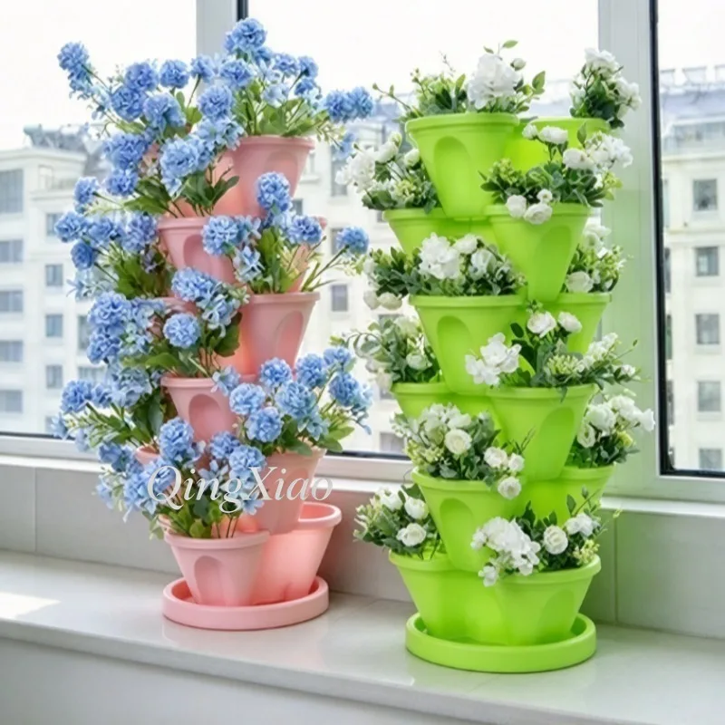 Stackable Vertical Flower Pot Multi Tier Planting Container With Movable Base For Balcony Strawberry Vegetable Herb Growing