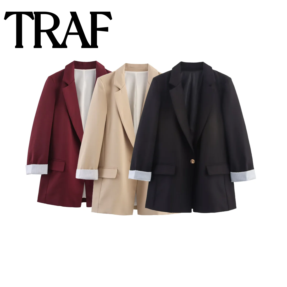 

TRAF casual temperament women's autumn new item 2025 solid color printed cuffs casual suit jacket top with one button