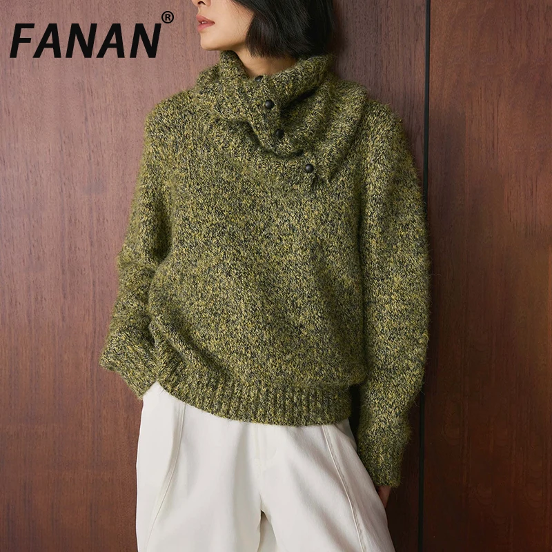 

FANAN Elegant Scarf Collar Design Knitting Pullover Sweater Women's Long Sleeve Thick Warm Knitted Tops Female Winter New