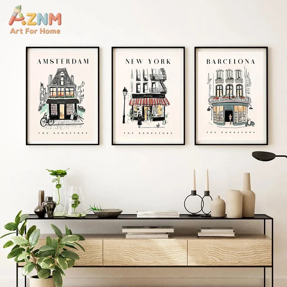 AZNM City Sketch Amsterdam New York Barcelona Bookstore Canvas Poster, Frameless Minimal Travel Wall Art For Entryway Living Roo