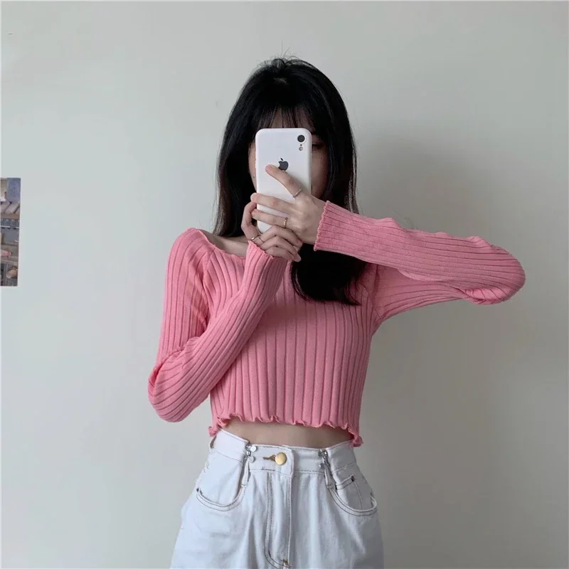 Women\'s Sweater 2024 Winter Fashion Navel Bare Cropped Tops Chic Wave Edge Casual Lady Knitted Pullover Short Solid Sweaters