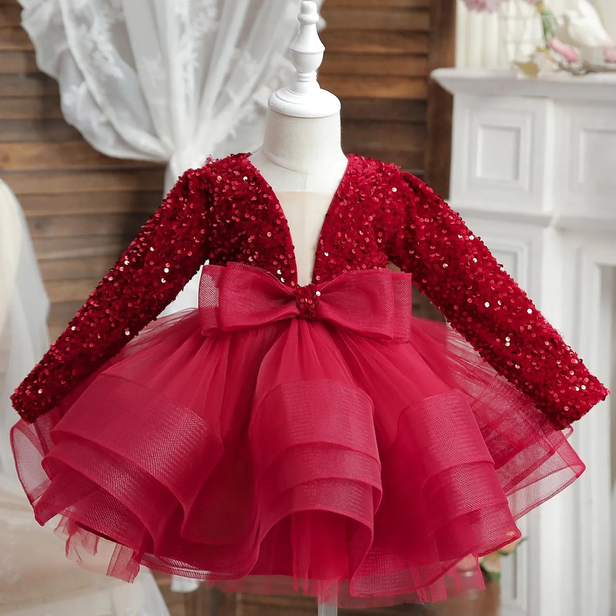 Girls Clothing Sequins Bow Puffed Princess Ball Gown For Kids Communion Graduation Birthday Banquet Evening Dress 3-10 Years Old