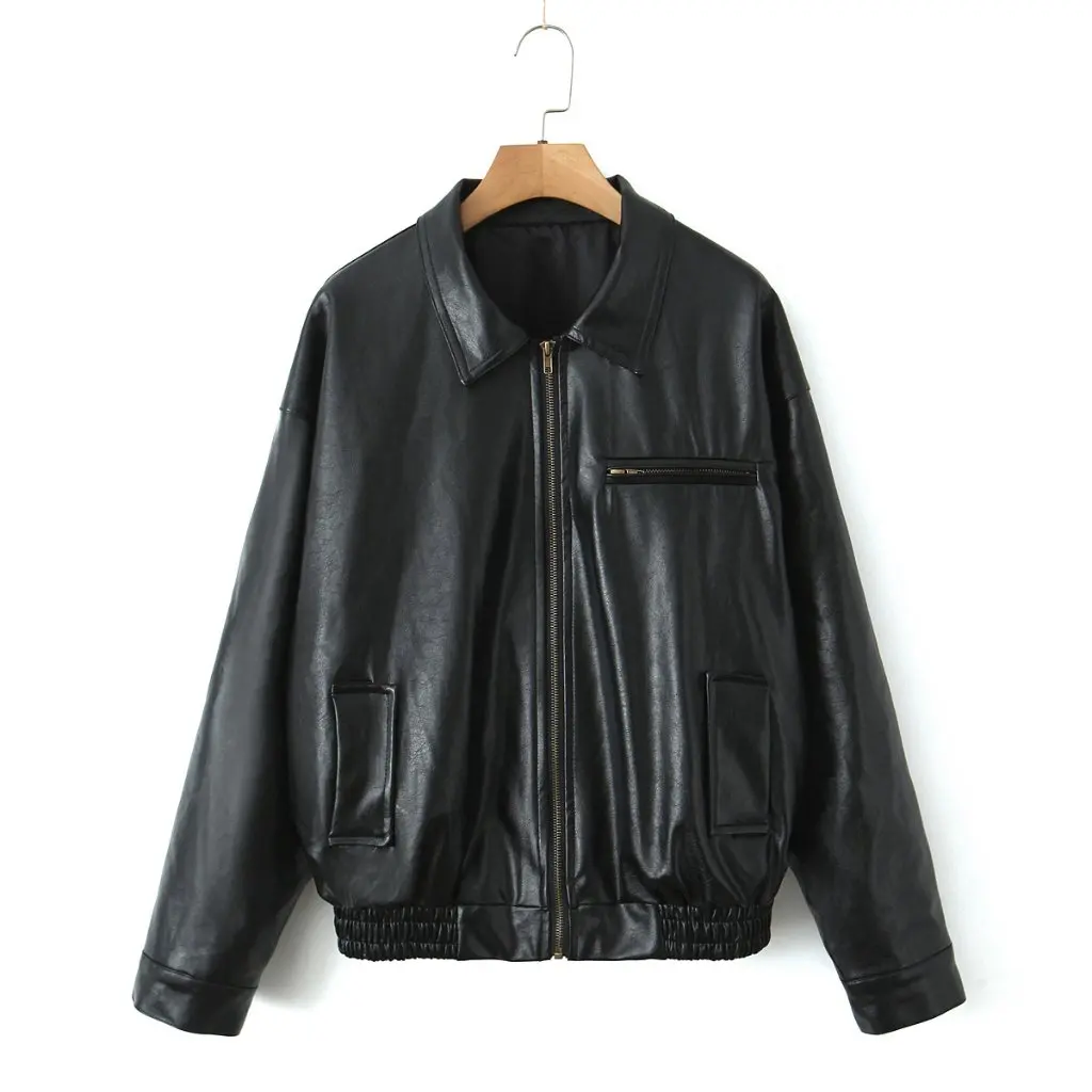 Chaqueta de cuero de estilo americano para mujer, Top de cuero PU con cremallera holgada Vintage Moto Spice Girl para otoño