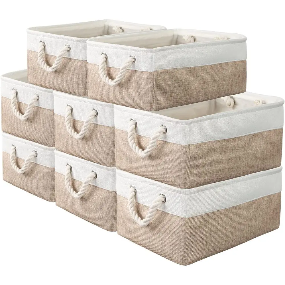 

13.7L Decorative Storage Baskets with Handles - Bulk Cubes for Clothes, Bathroom, Garage, Books, Home, Office (White & Beige)