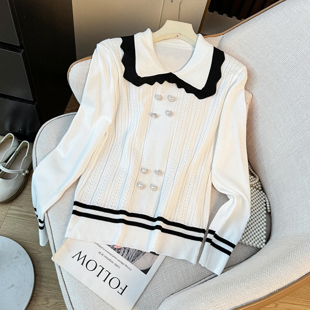 

Color Block Stripe Pullover Lapel Collar Long Sleeve Top Sweet Style Simple Pullover Sweater Womens Clothing Casual Wear Tops