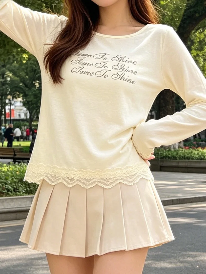 Green Thin Lace Trim Sun Protection Shirt T-Shirt Women's Summer round Neck Shoulder Letter Print Casual Loose Fit Long Sleev...