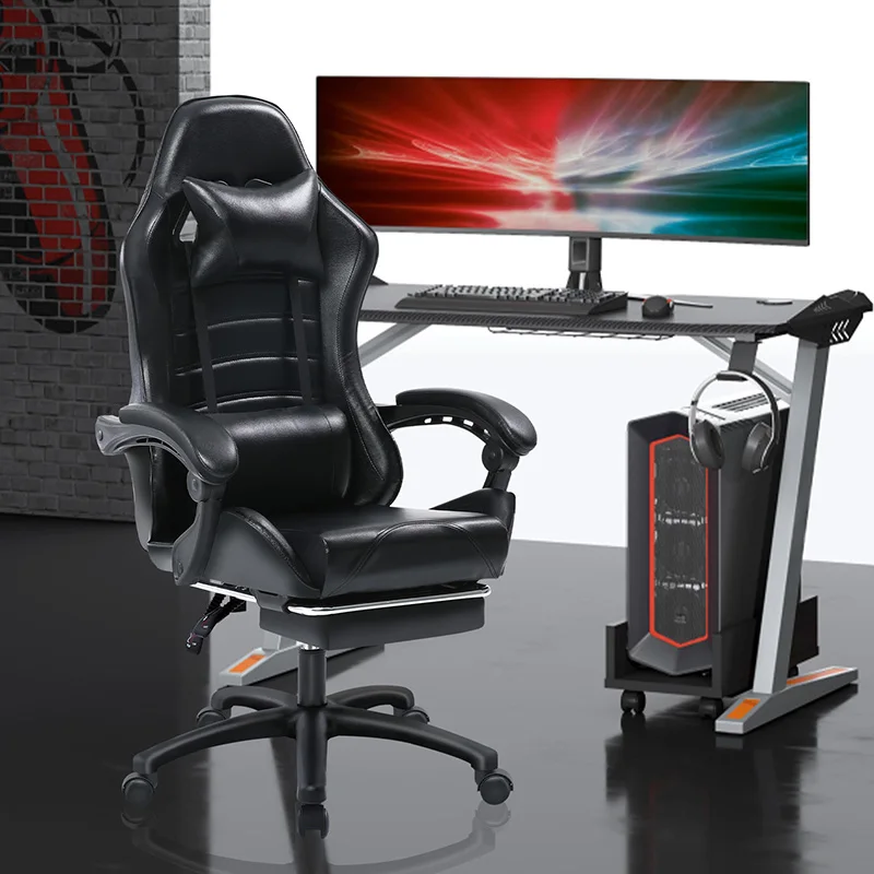 Game Chair, Adult Electronic Gaming Chair, Ergonomically Designed, PU Leather, Lounge Chair with Footstool and Waist Support, Of