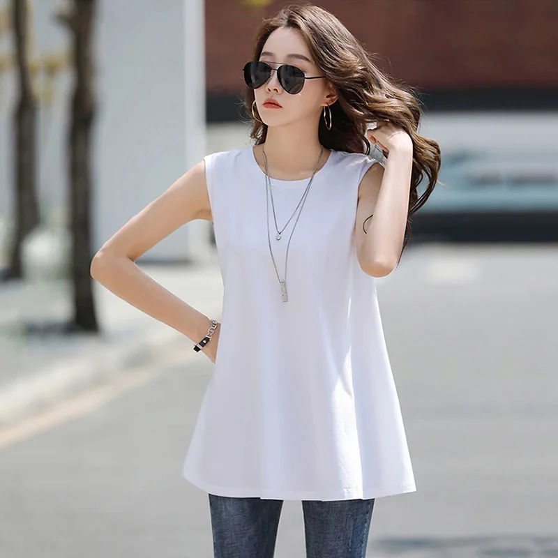 

New Women Summer Sleeveless T-shirt Fashion O-Neck Loose Mercerized cotton Tank Tops Simplicity Casual Basic Long White T-shirt