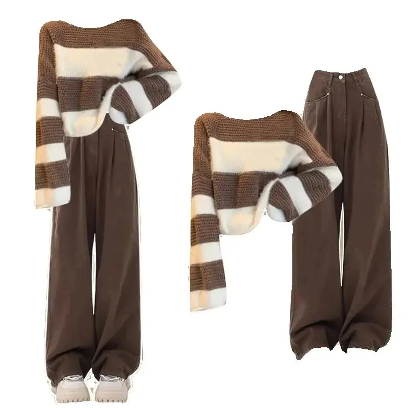 

Осенне-зимние вязаные комплекты из 2 предметов, мягкий свитер, повседневные брючные костюмы, корейский полосатый теплый спортивный костюм, новый