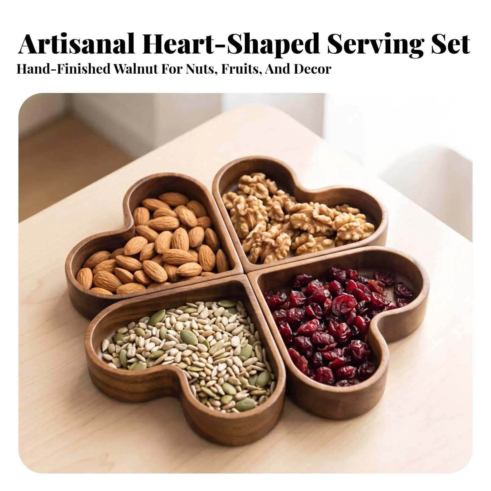 Wooden Heart Tray for Nuts Candy Storage Decorative Serving Dish Stackable for Coffee Table Decor