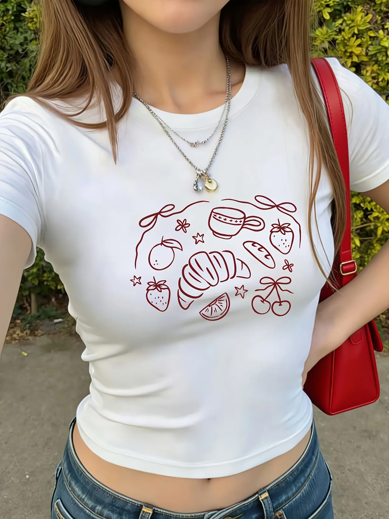 American Vintage  Perfect for Beach Baby T-shirt with A Coastal Vibe The Ultra-fine Strawberry Cherry Croissant Bow Crop Top