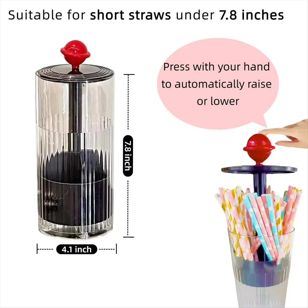 7.8 Inch Short Straw Dispenser,Straw Holder for Counter,Straw Organizer for Cabinet,Acrylic Organizer (Black)