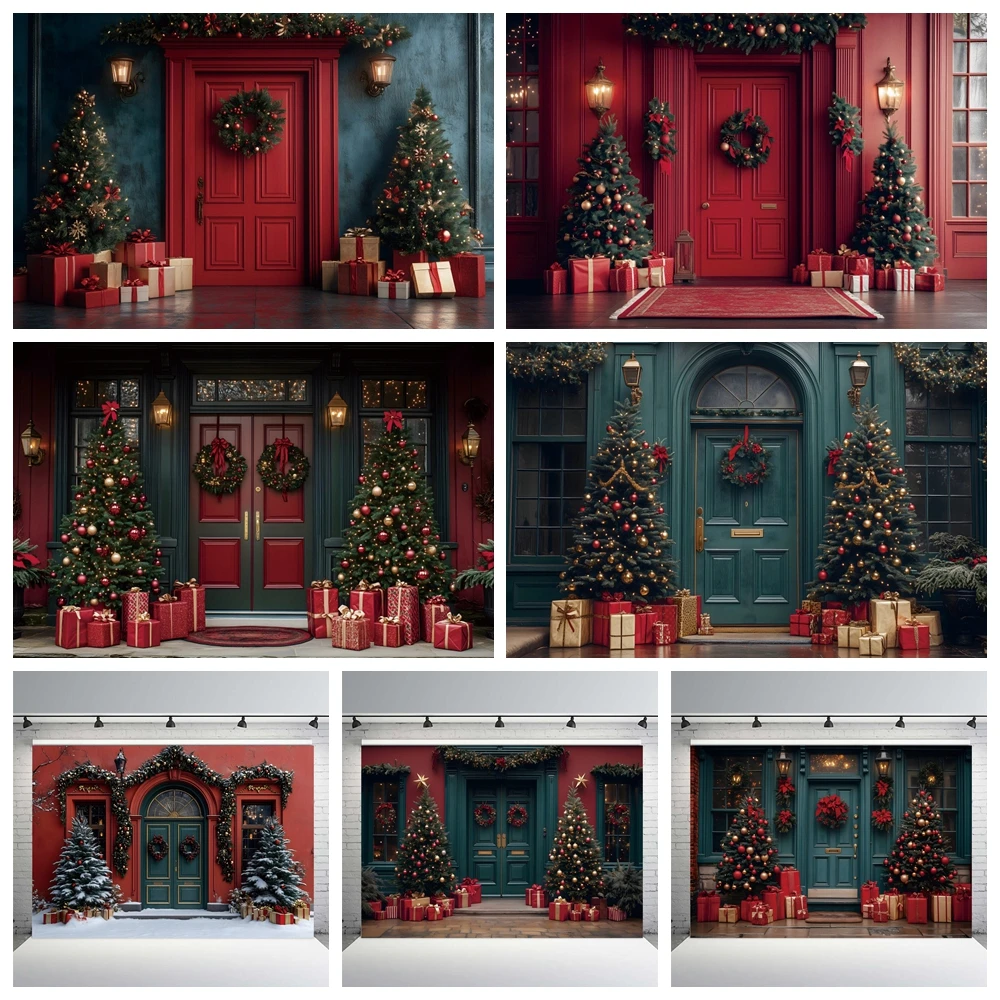 Christmas Wooden Door Backdrop Photography Winter Xmas Tree Garland 2024 Christmas Holiday Family Party Decor Background Studio