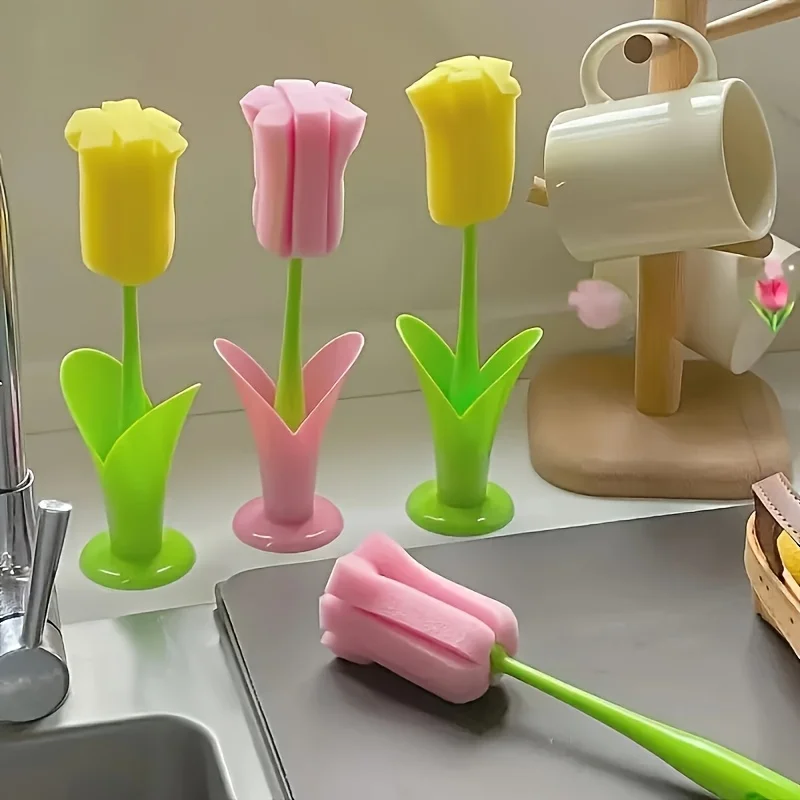 Cepillo de taza de tulipán con cabezal de esponja desmontable, herramientas de limpieza de vidrio para botella con mango largo, accesorios de cocina de plástico duraderos, 2 uds.