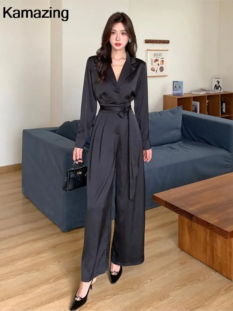 Women Autumn New Elegant Long Sleeve Vintage Lapel Wide Leg Jumpsuit with Sashes Office Lady Casual Slim All Black Clothing