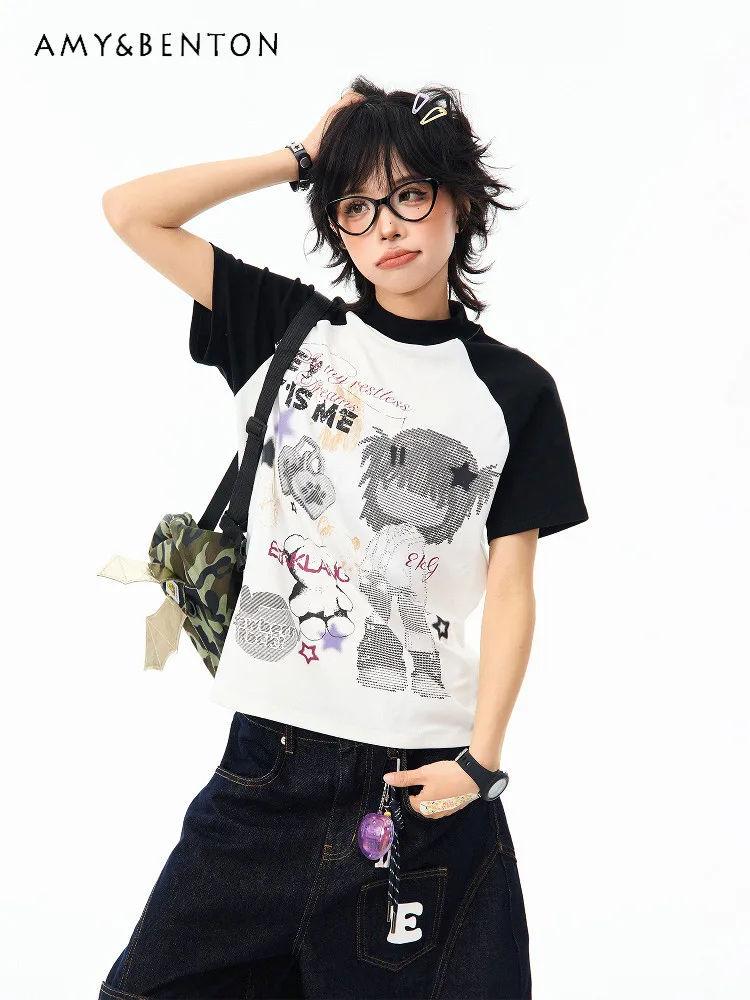

Summer New Japanese Retro Style Y2K Women's Childlike Cartoon Print Black and White Round Neck Short-sleeved T-shirt