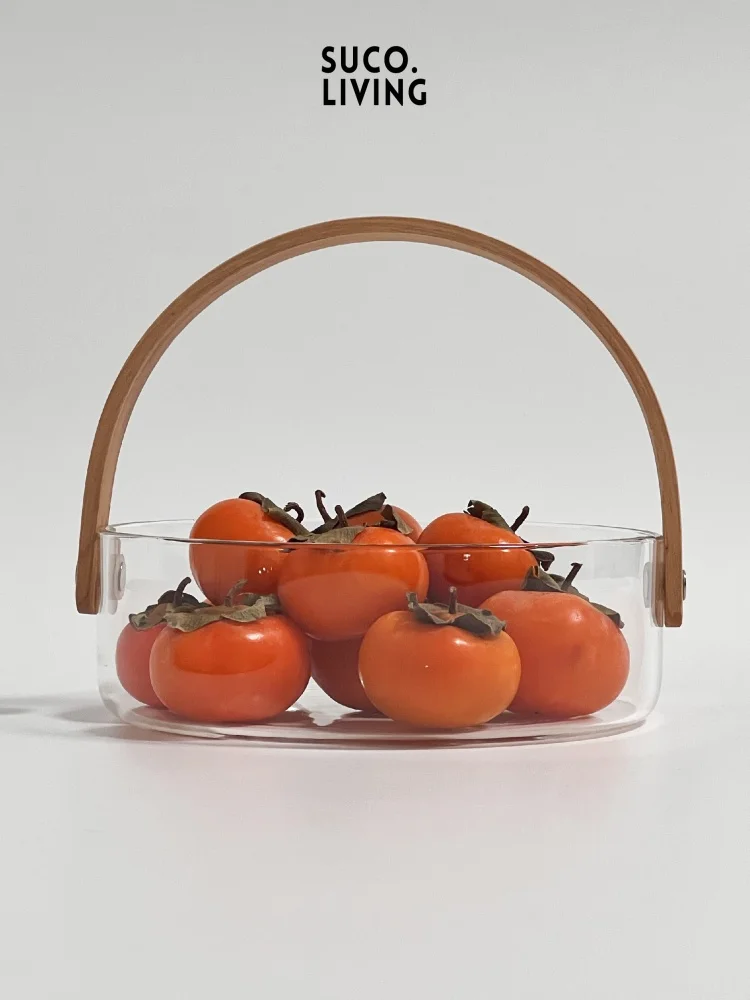

Transparent Glass Bamboo Handheld Basket Fruit Tea Basket Large Salad Bowl Living Room Sna Dried Fruit Plate Internet Famou...