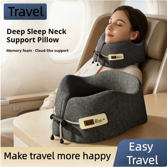 Almofada de Pescoço Portátil em Formato de U para Viagens de Avião e Carro, Almofada de Apoio Cervical Ajustável em Espuma de Memória para Viagens Longas