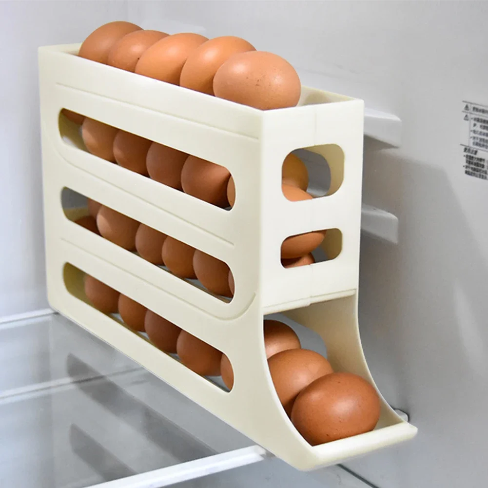 4 Layer Automatic Rolling Egg Holder Large Capacity Space Saving 30 Egg Container Plastic Egg Tray for Refrigerator Storage Box