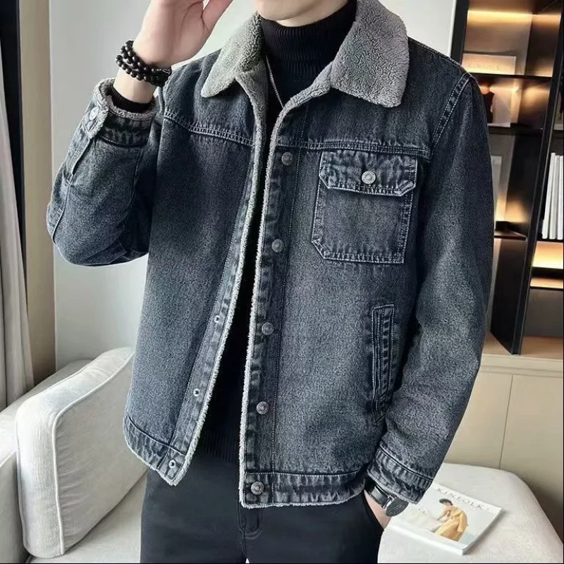 Winter New Fashion Men’s Turn-down Collar Long Sleeve Casual Trendy Simple Basic Loose Wool Denim Jackets Male Clothes Coats