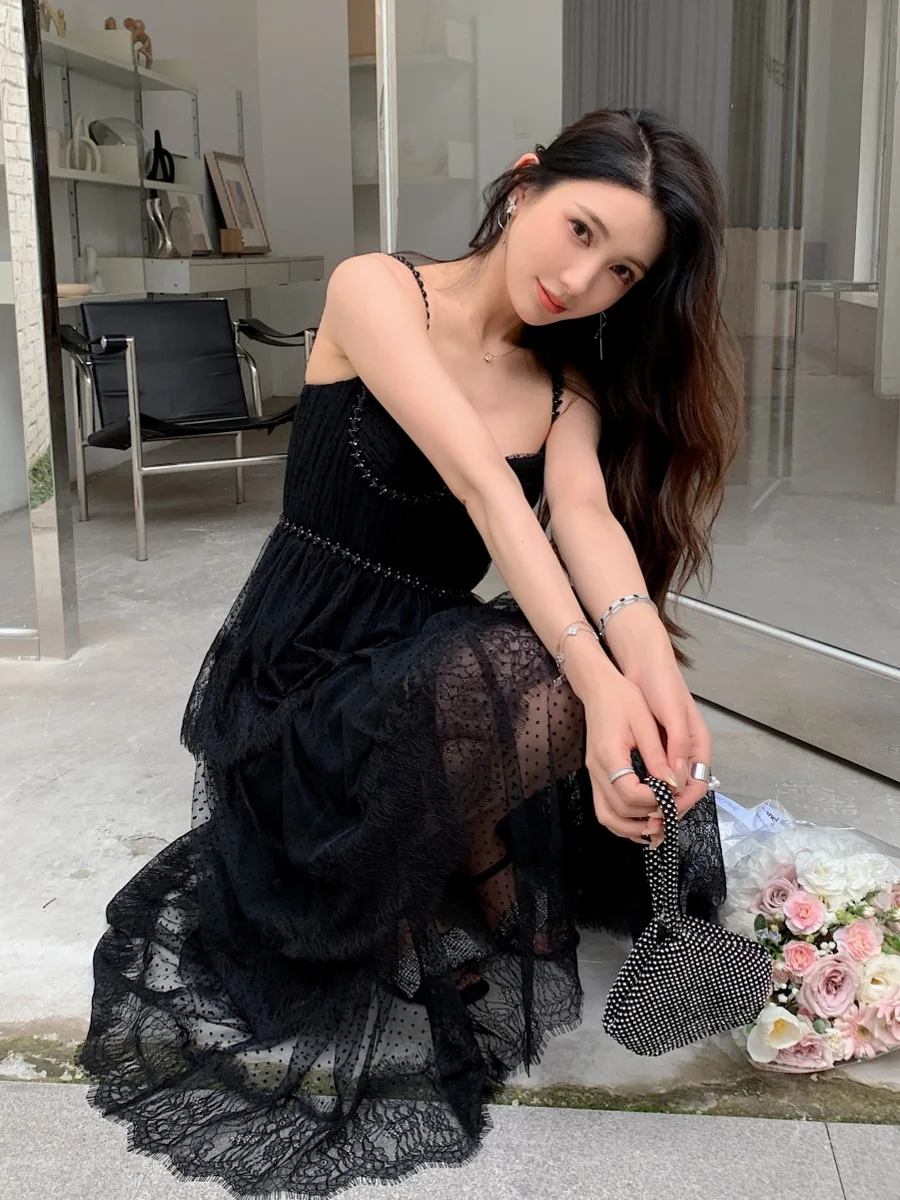 Women's Women's 2024 Summer New Black Sleeveless Backless Halter Dress Polka Dot Lace Splicing Prom Dress Beaded Party Long Dres