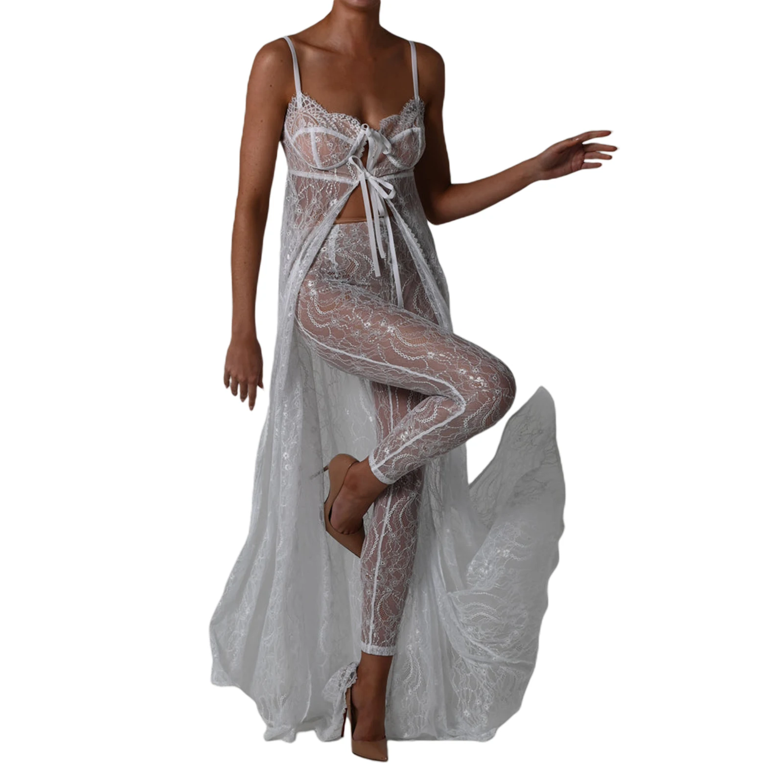 Damski kostium kąpielowy na plażę Bikini Cover up Sheer Mesh Dress y2k Sexy Sleeveless Backless See Through High Split Lace Maxi Dress