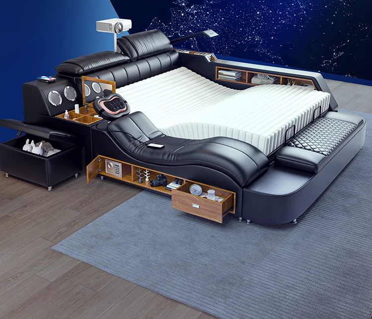 

Black technology intelligent leather bed, modern, simple and atmospheric double bed, master bedroom electric massage function